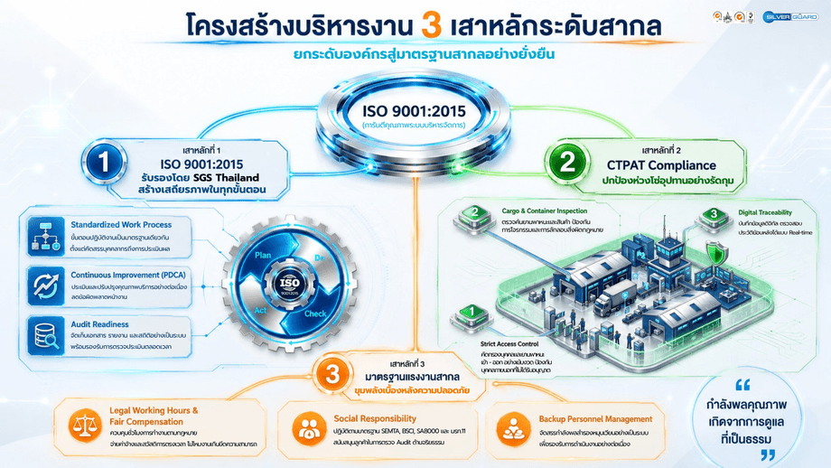แผนภาพโครงสร้างบริหารงาน 3 เสาหลักระดับสากล ครอบคลุม ISO 9001:2015 CTPAT Compliance และมาตรฐานแรงงานสากล