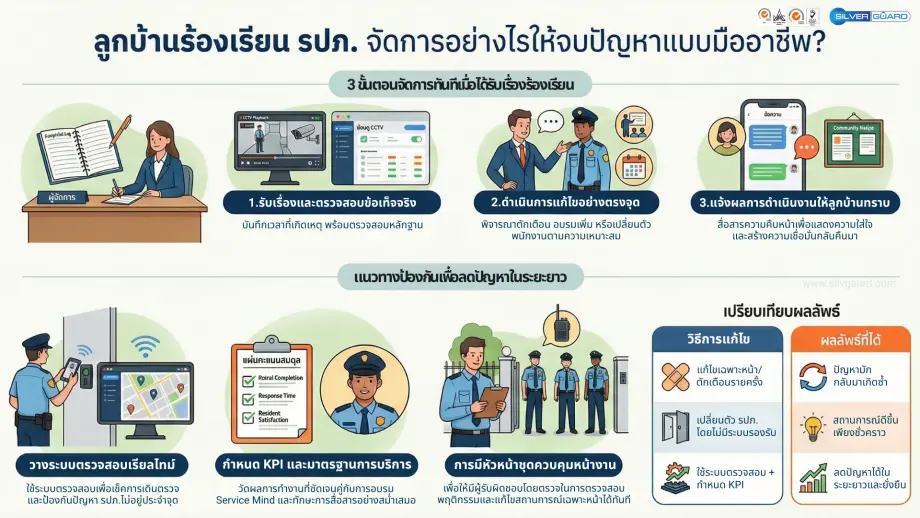 อินโฟกราฟิกแสดงขั้นตอนการจัดการและแก้ไขปัญหาร้องเรียน รปภ. อย่างมืออาชีพ