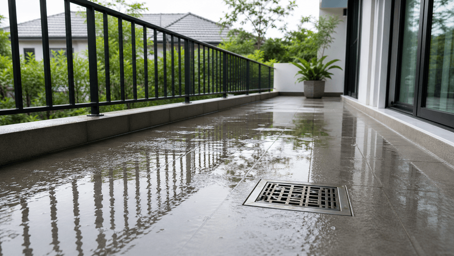 ระเบียงบ้านมีน้ำขังหลังฝนตกและจุดระบายน้ำ